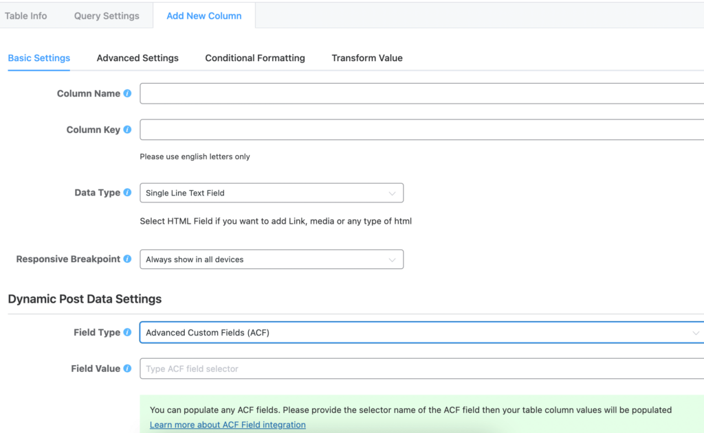 Ninja Tables ACF integration