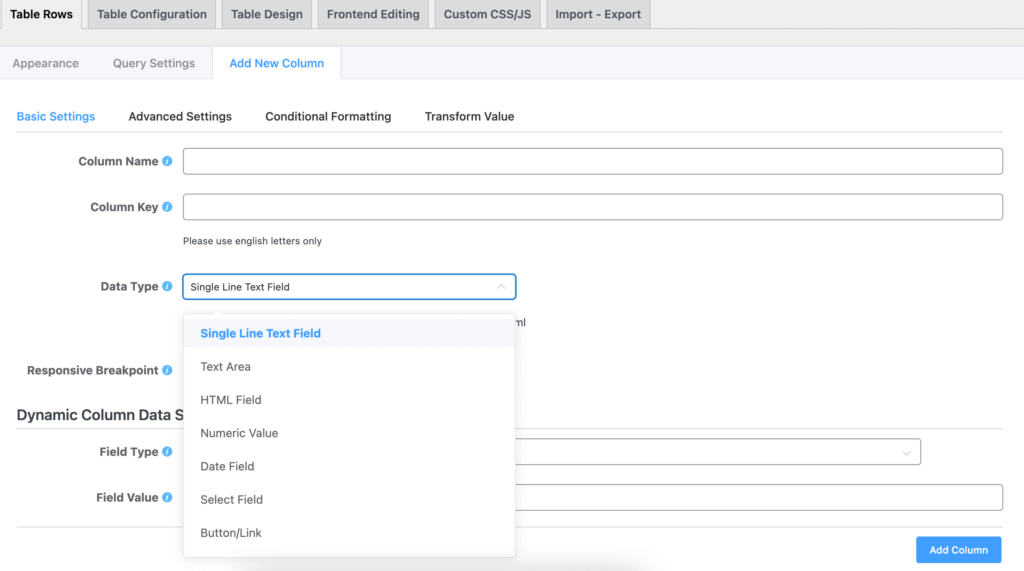 Add column and Data in Ninja Tables advanced builder