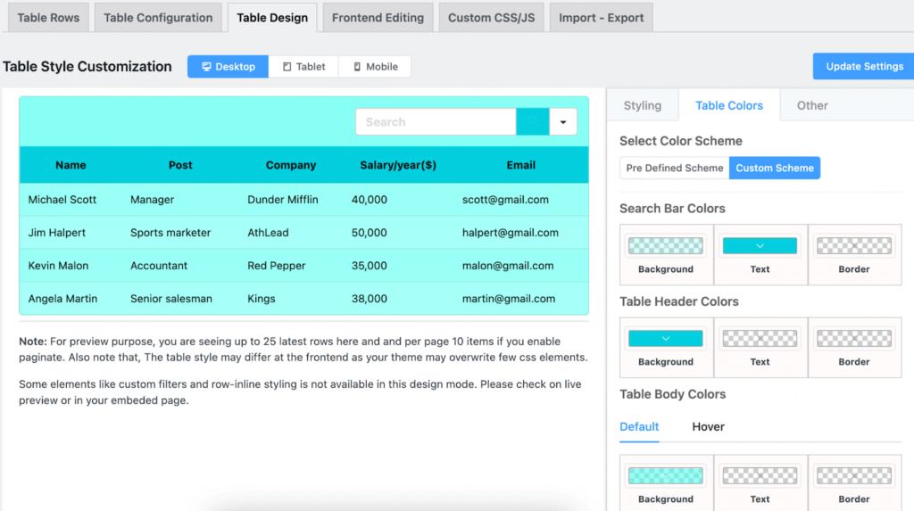 color customize google sheet table