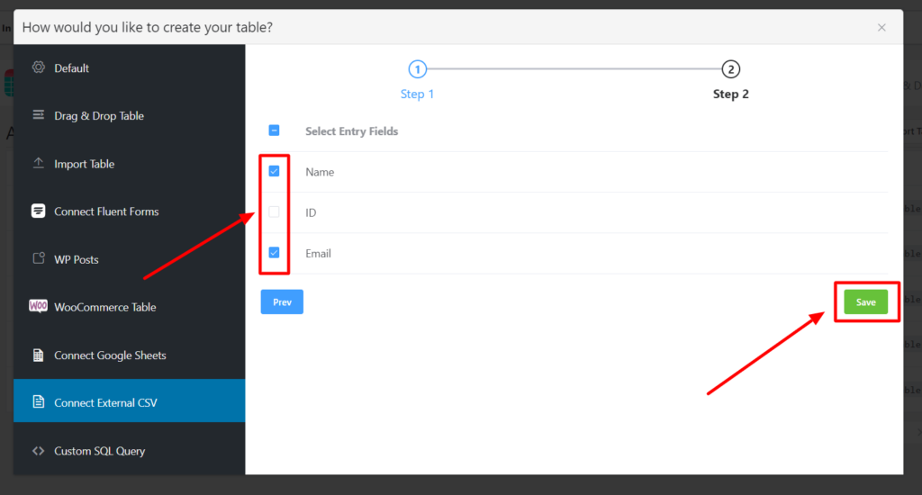 select entry fields for table