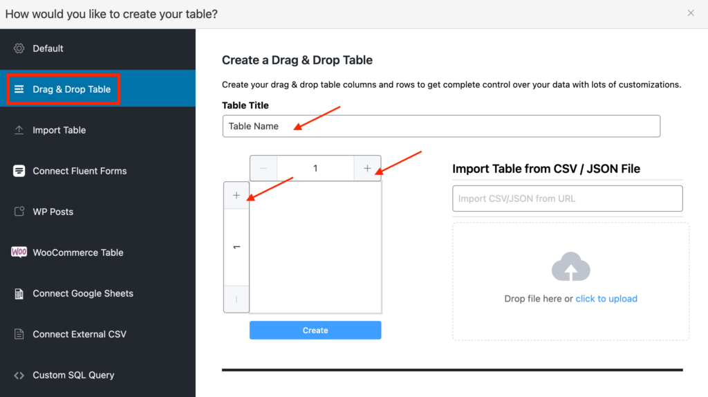 Create table with drag and drop