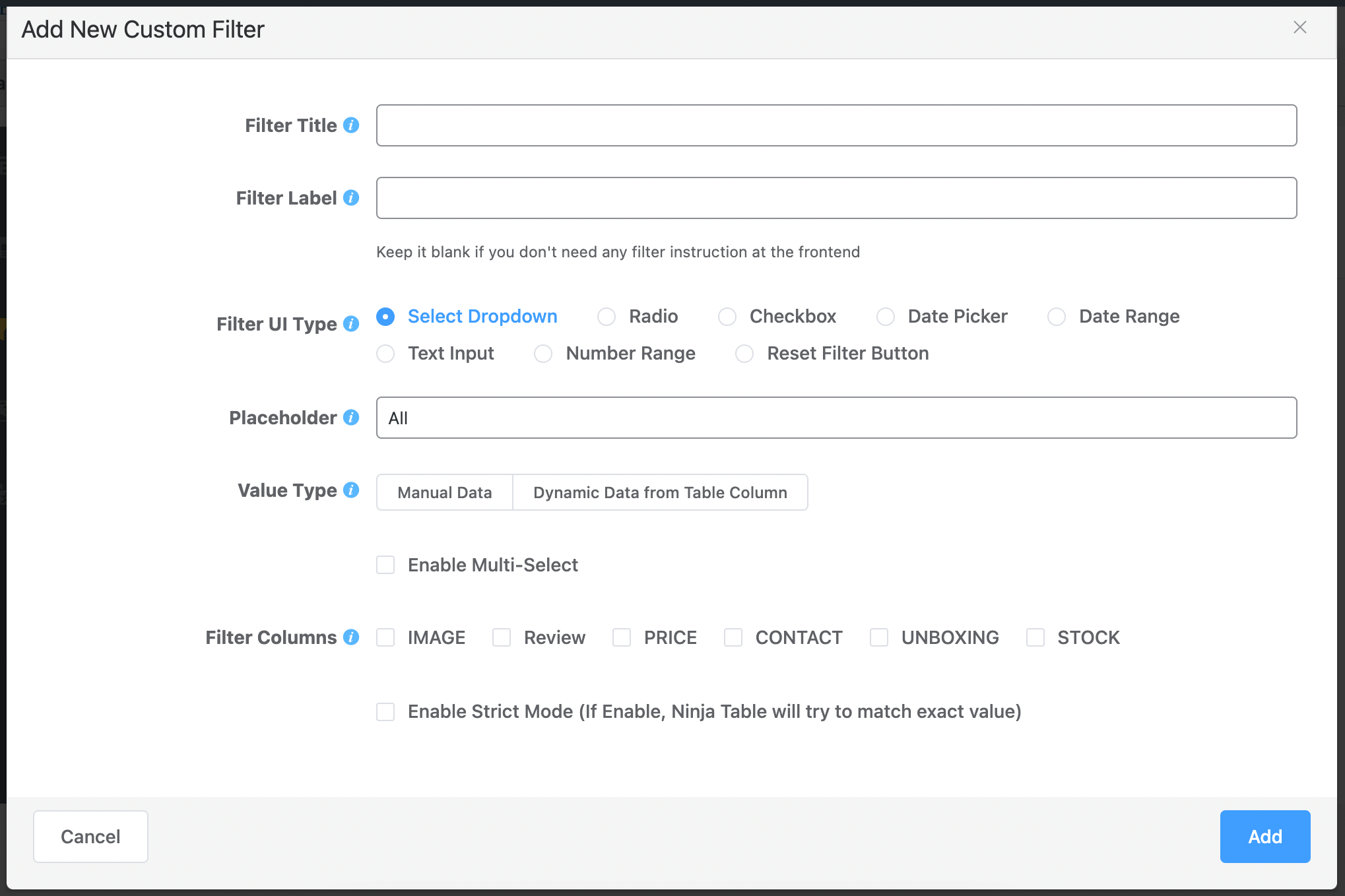 custom filter in ninja tables