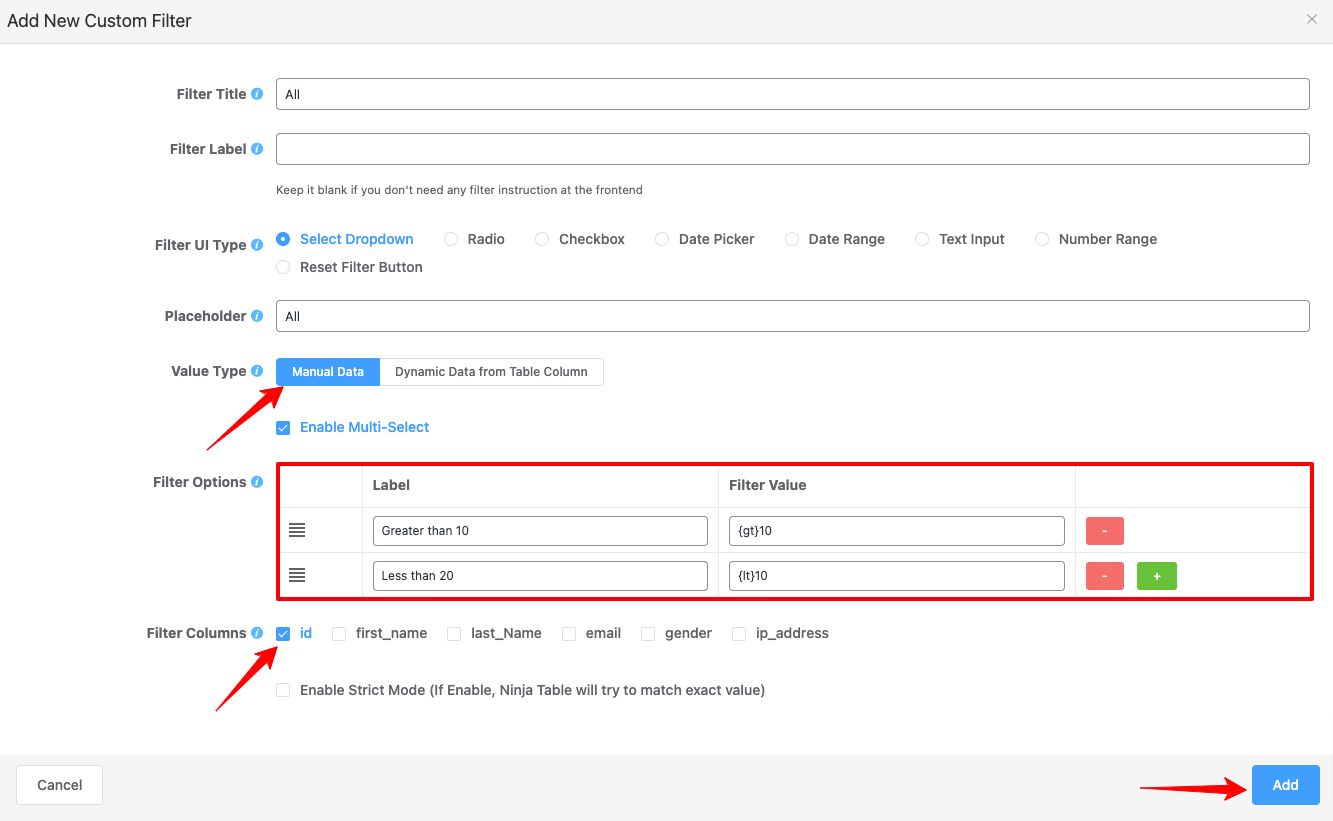 manual data in custom filter