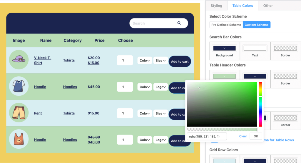 customizing product tables