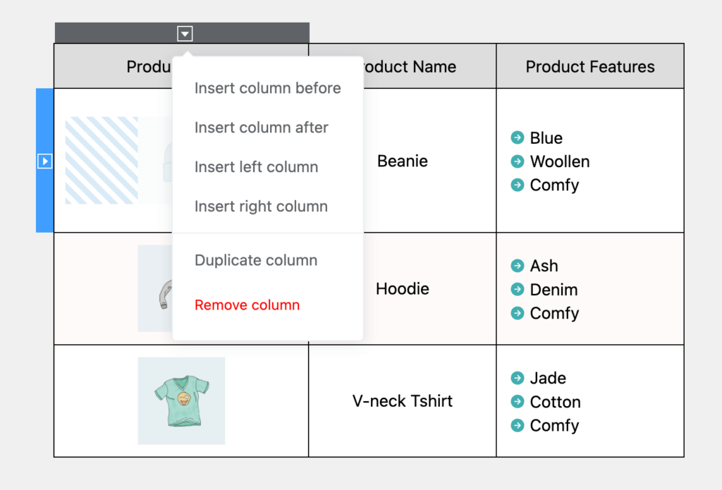 manage table column in Ninja Tables Drag and Drop Table