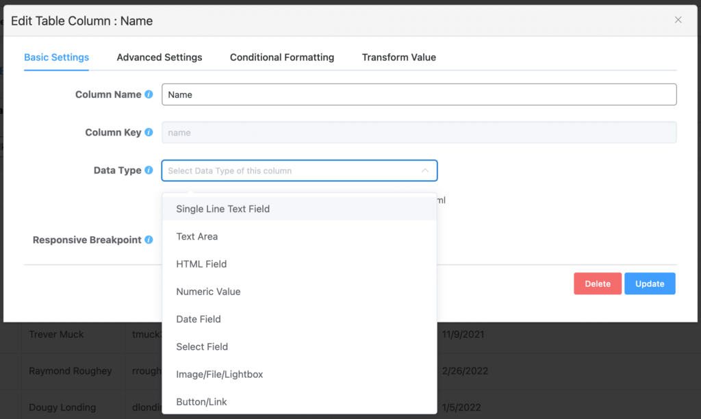 table column data types