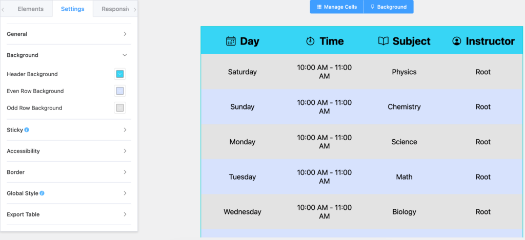 Drag and Drop table background color