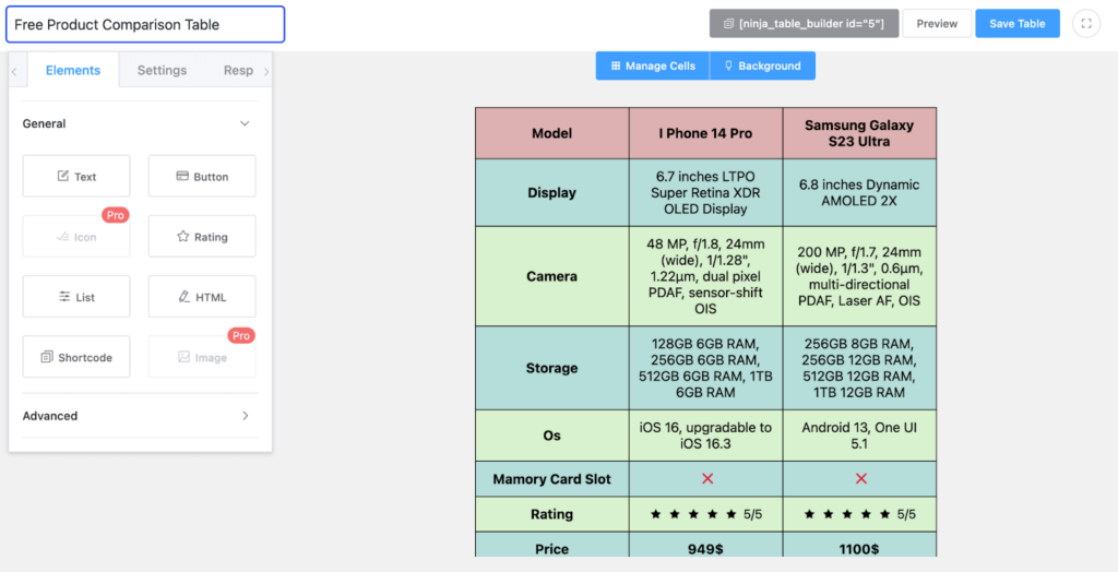 Edit and design Drag and drop table