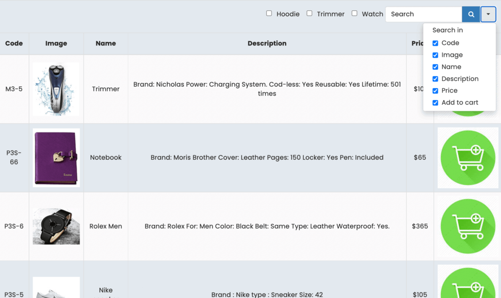 filter product data using custom filter