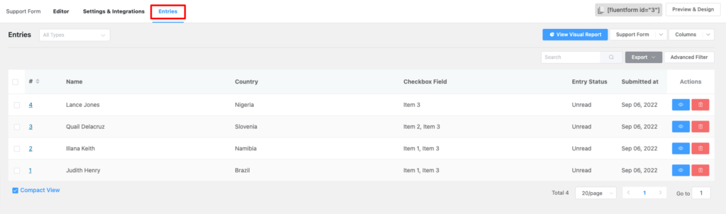 fluent form entries