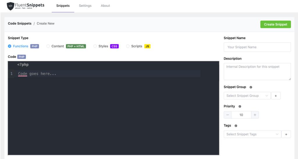 Code Snippets in FluentSnippets Dashboard