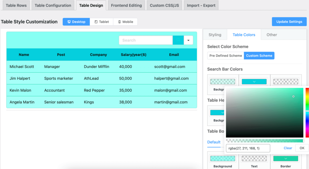 customize google sheets data table