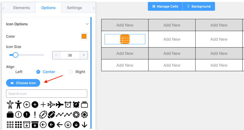 Icon element in table