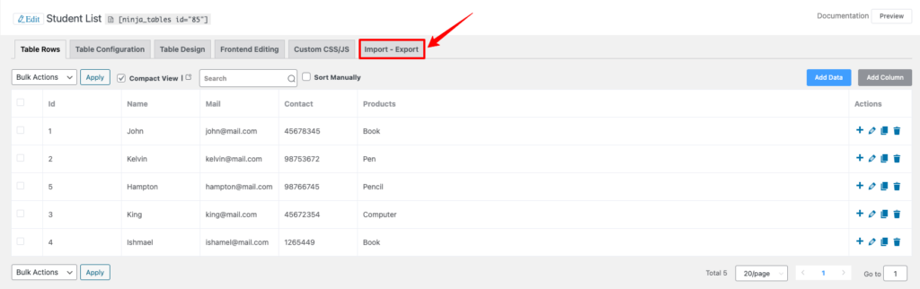 import table in Ninja Tables