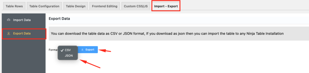 export table from Ninja Tables