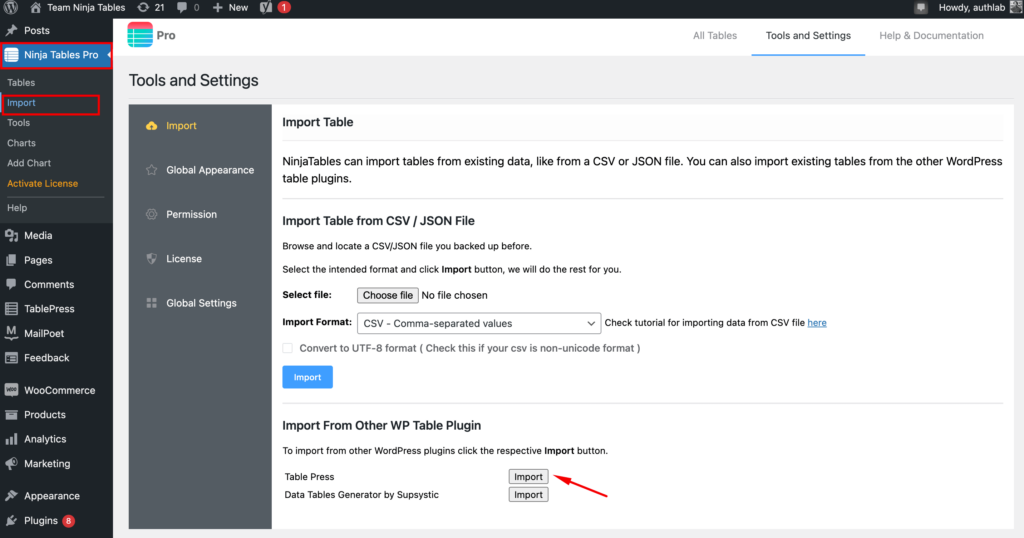 Import tables from TablePress to Ninja Tables