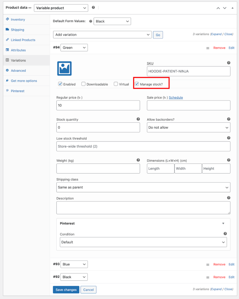 Manage stock status for variable products