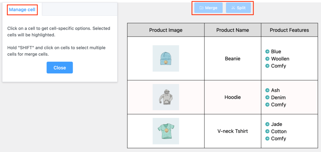 Manage table cells