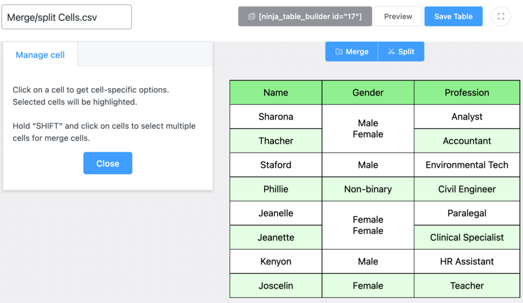 merge table cells in drag and drop