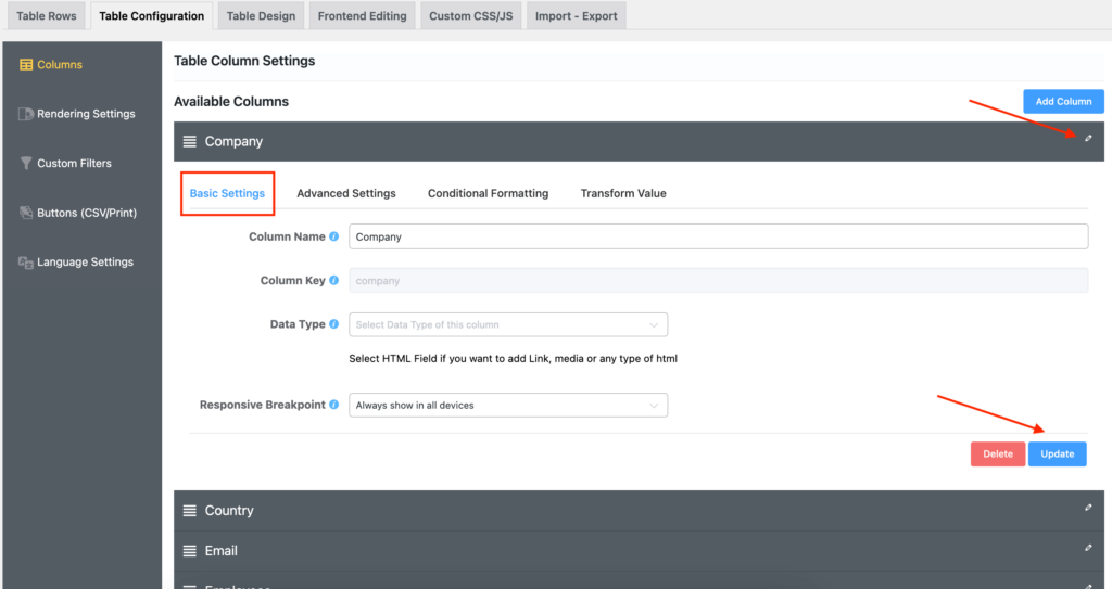 Ninja Tables Basic Settings