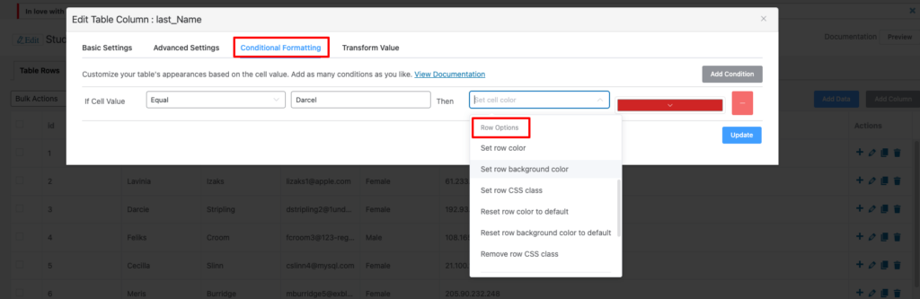 Ninja Tables column and row options