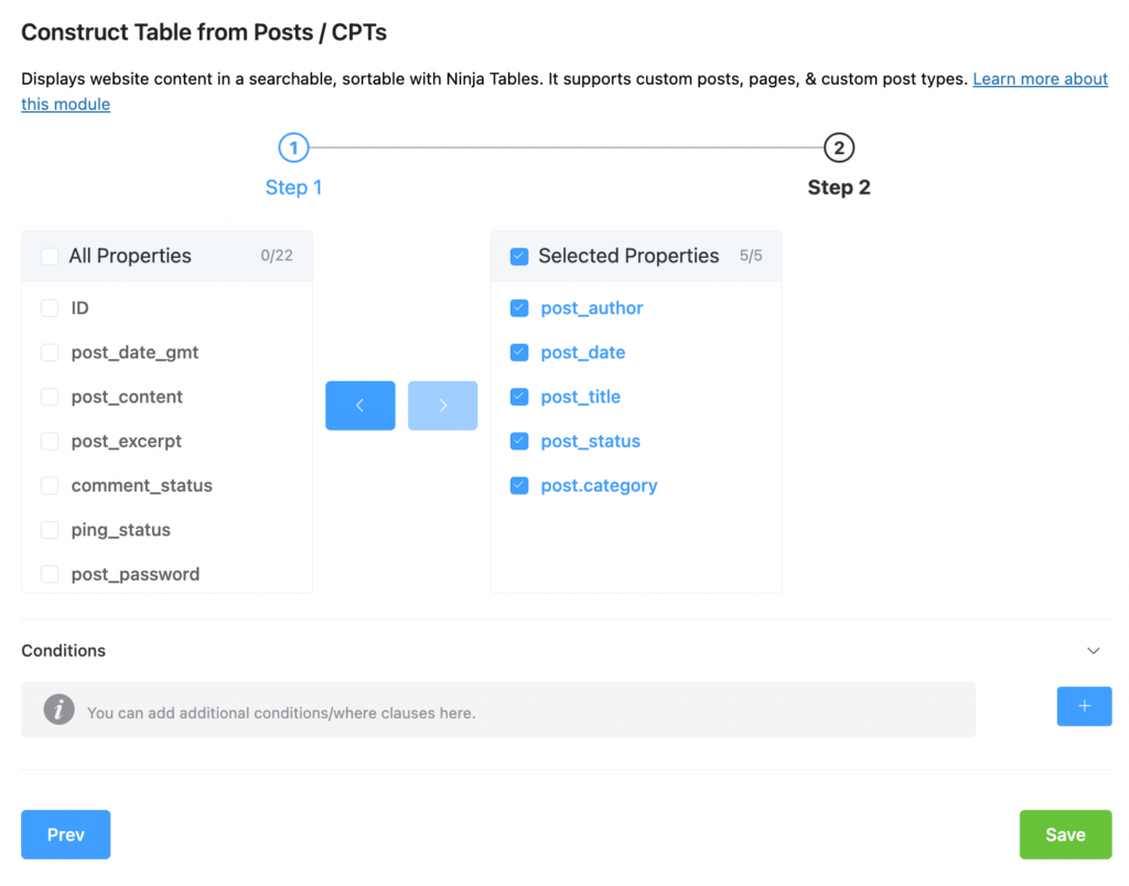 select properties for posts table