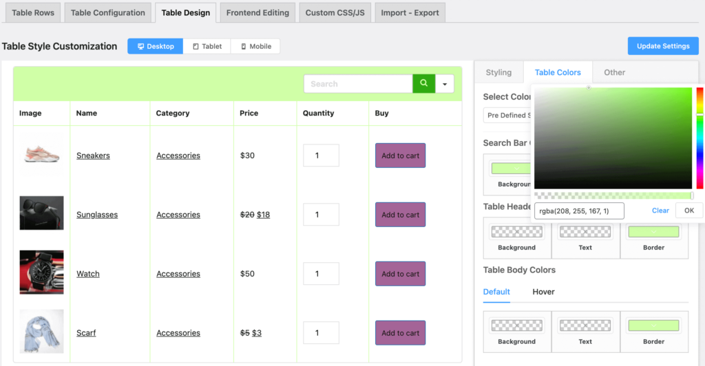 color table background in wordpress