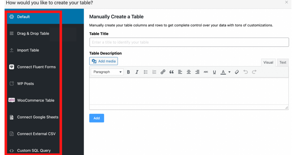 table creation options