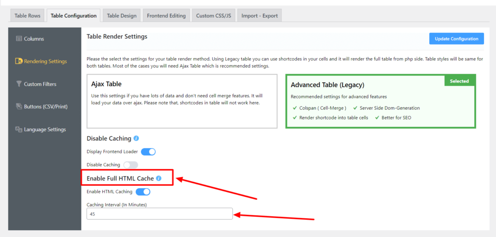 Table HTML cache