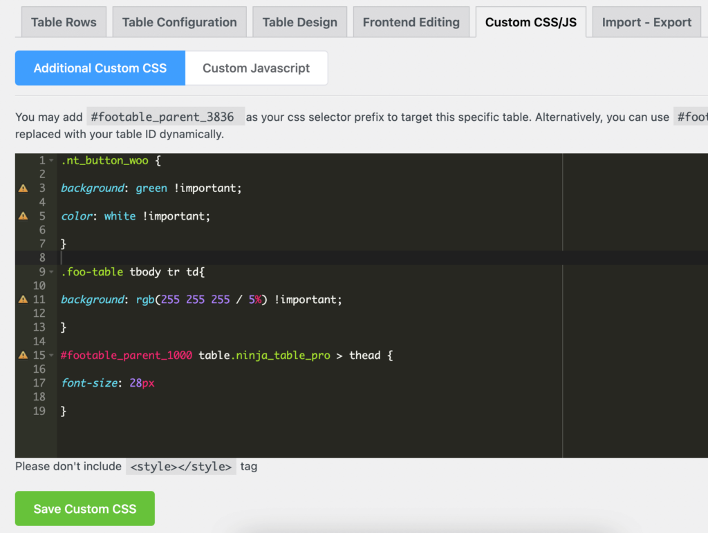 ninja tables custom css