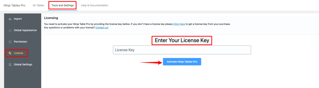 enter ninja tables license key