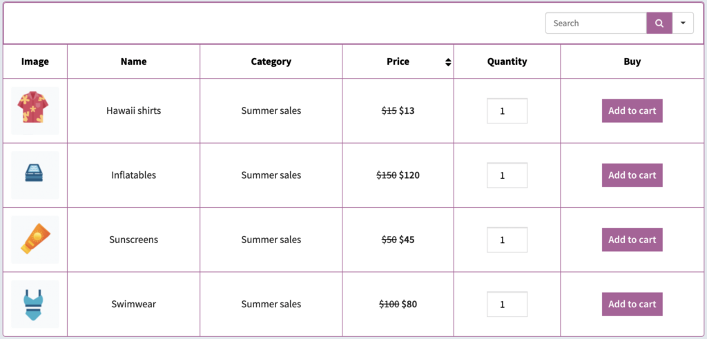 WooCommerce product table