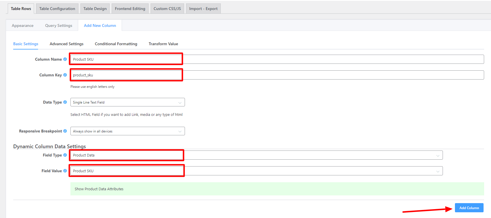 product sku in woocommerce table