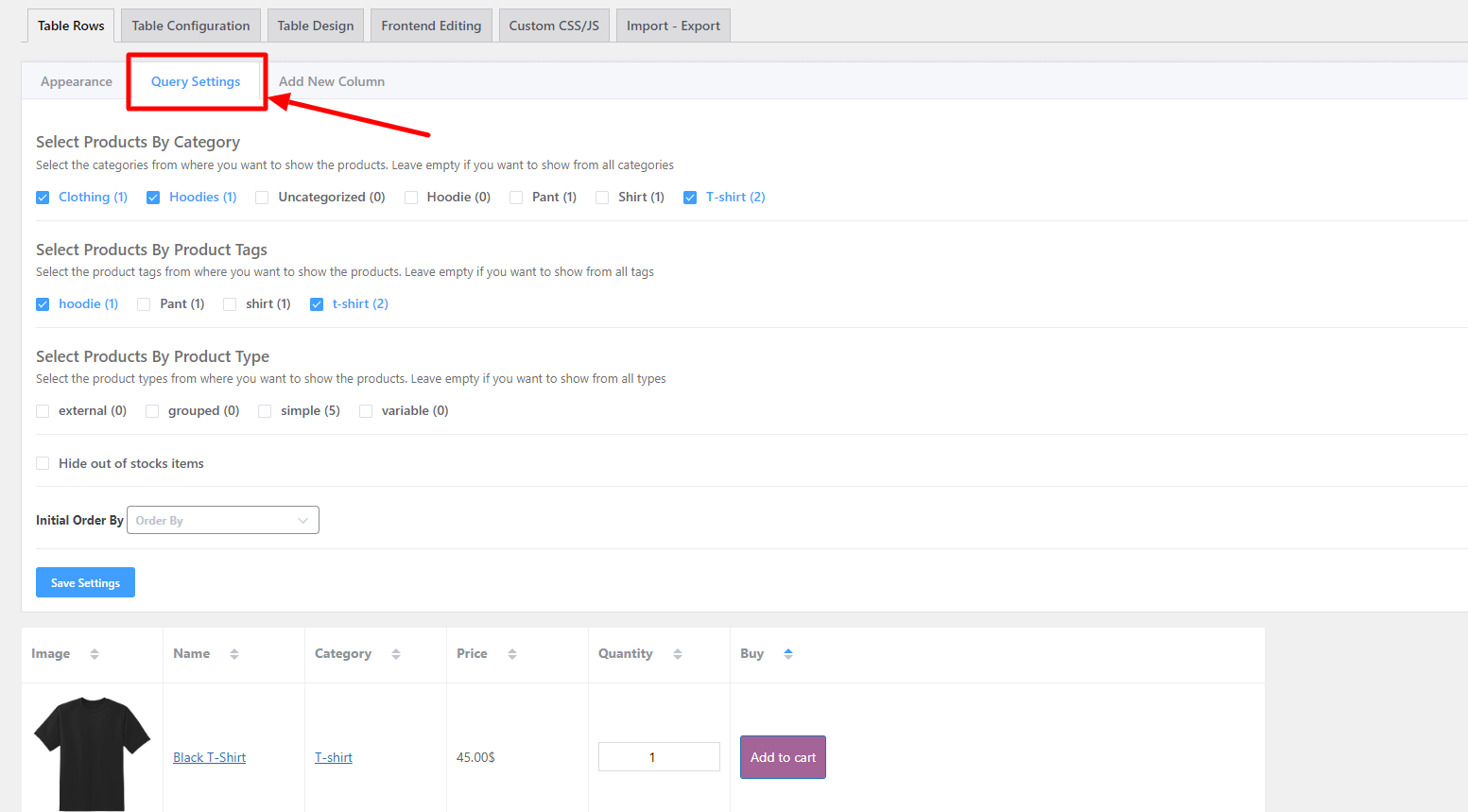 query settings in WooCommerce table